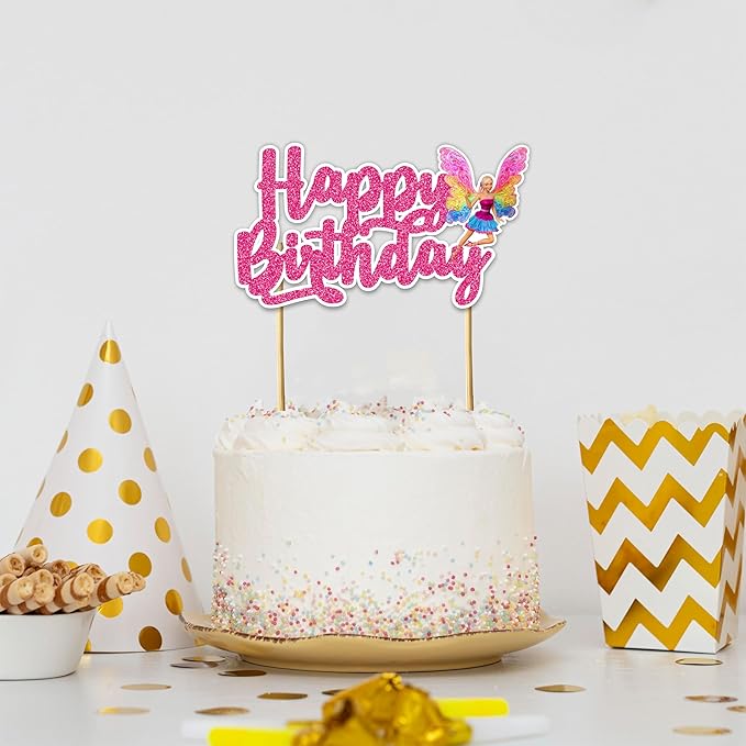 Barbe Happy Birthday Cake Topper - Glam Fashion Doll Theme Design, Stylish Pink Party Cake Decoration for Birthday Celebration, Trendy Dessert Table Display, Photo Prop, Cake Centerpiece