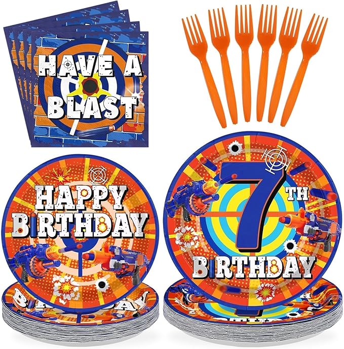 96Pcs Dart War 7th Birthday Party Supplies Dart War 7th Theme Plates and Napkins Blue and Orange 7 Years Old Tableware Set for Birthday Party Decoration Serves 24