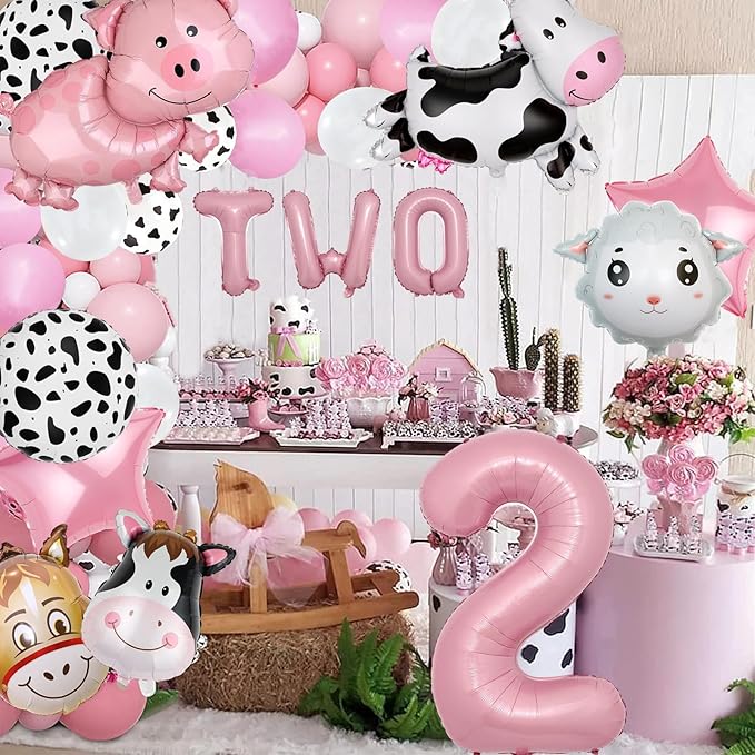 19 PCS Farm Animal Theme Party Balloons, Farm Cow Print Sheep Pig Donkey Mylar Foil Balloons Baby Shower Boy Girl 2nd Birthday Party Decor Supplies (2nd)