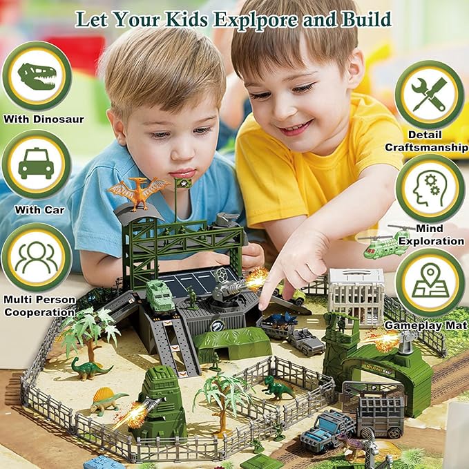 Military Dinosaur Battle Playset, 56 Piece Army Toy Set Soldier Figures, Military Vehicles (Helicopter, Je-ep, Trucks), Cannon, Tents & Battle Mat, Educational STEM Toys for Boys Ages 3-12