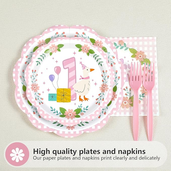 96Pcs One Silly Goose Birthday Party Decorations Goose 1st Birthday Paper Plates and Napkins Sets Pink Bow Cute Wreath Geese Decorations for Baby Girls One Year Old Bday Party Supplies Serves 24