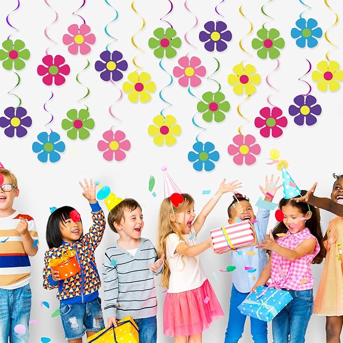 60s Hippie Party Foil Swirl Decorations Retro Flower Ceiling Hanging Swirls Banners Decor 60s Hippie Flower Cutouts Party Supplies for Groovy Retro Theme Birthday Baby Shower Parties Favor