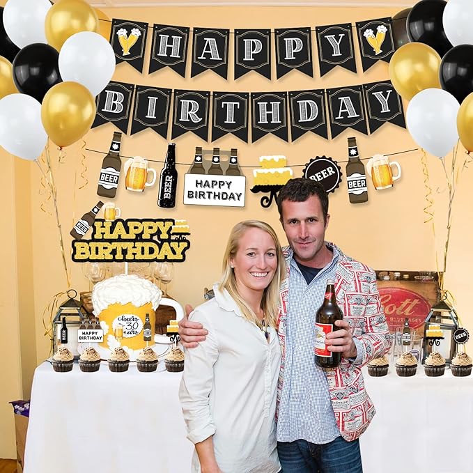 Beer Birthday Party Decorations, Cheers and Beers Happy Birthday Party Banner Balloons Decorations Aged to Perfection Party Supplies for Men 30th 40th 50th Beer Birthdays Party Decorations