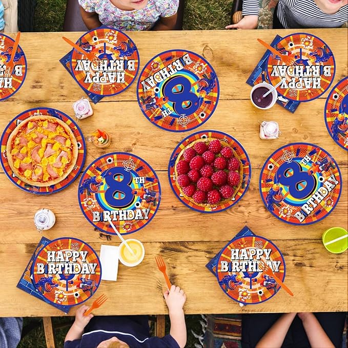 96Pcs Dart War 8th Birthday Party Supplies Dart War 8th Birthday Theme Plates and Napkins Blue and Orange Tableware Set for Boys' 8 Years Old Birthday Party Decoration Serves 24