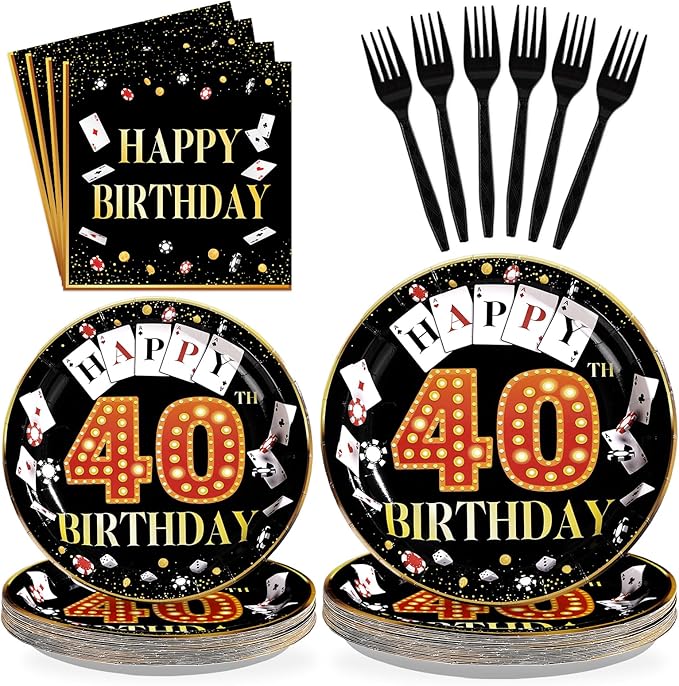 96Pcs Casino 40th Birthday Decoration Casino Themed Paper Plates and Napkins 40th Las Vegas Party Decoration for 40 Years Birthday Poker Game Night Vegas Party Supplies