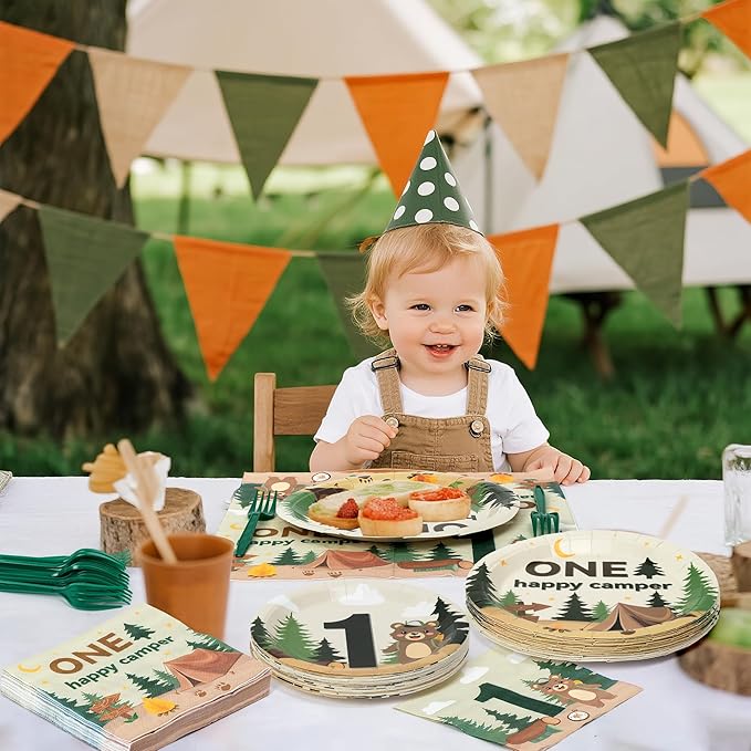 Camping Tableware Party Supplies - 96Pcs One Happy Camper Tableware Decorations Camping Adventure Themed Disposable Paper Plates Napkins Forks for Kids Boy 1st Birthday Baby Shower Serve 24