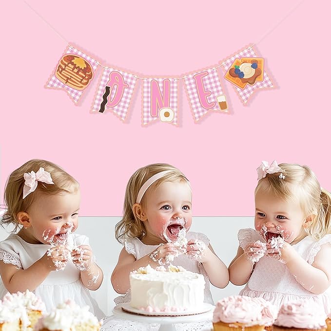 Brunch 1st Birthday HighChair Banner - Breakfast First Birthday Decoration, Pancakes and Pajamas Party Supplies, Breakfast Food Banner, Pancake and Waffle Cake Smash Photo Props (Pink Brunch Banner)