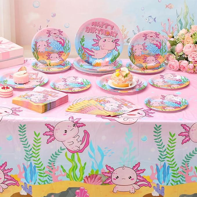 Zhehao 101 Pcs Axolotl Birthday Party Decorations Set for Girls, Pink Axolotl Reptile Animals Theme Party Supplies Includes 50 Paper Plates 50 Napkins 1 Tablecloth for Birthday Baby Shower