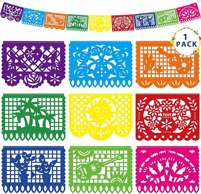 18 FT Cinco De Mayo Party Decorations, 1 Pack Fiesta Banner with 9 Plastic Papel Picado, Colorful Mexican Theme Party Flag Banner Dia De Los Muertos Day of the Dead Hanging Decor Home Party Supplies