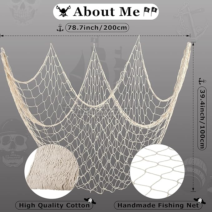 Shappy 2 Pcs Fish Net Decorative 80 x 40 Inch, Wall Hanging Fishnet for Mermaid, Pirate, Nautical, Under The Sea Party Decoration Ocean Themed Hawaii Beach Birthday Halloween Party Supplies(Beige)
