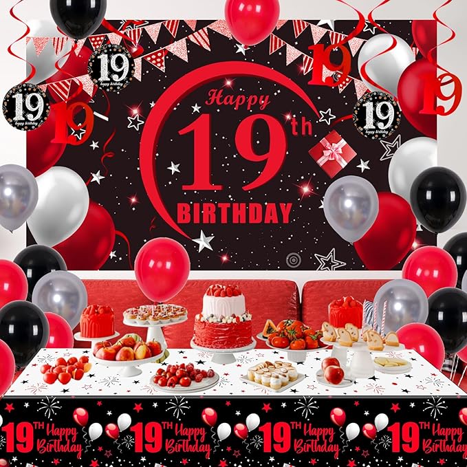 19th Birthday Decorations for Boys Men Girls, Happy 19th Birthday Banner Backdrop Red and Black, 19 Birthday Decorations Balloons Triangle Flag Tablecloth, 19 Year Old Boy Bday Party Supplies Decor