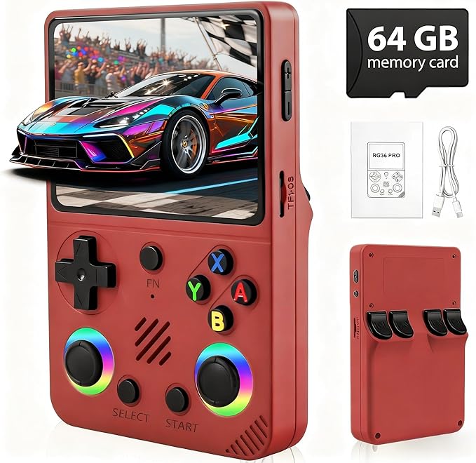 RG36PRO Video Game Console - Support 30000+Classic Games, 64G TF Card, Open Source System, 3.5-Inch Screen, 3000mAh Battery, Portable Console for Travel, Gift for Adult or Partner - Red