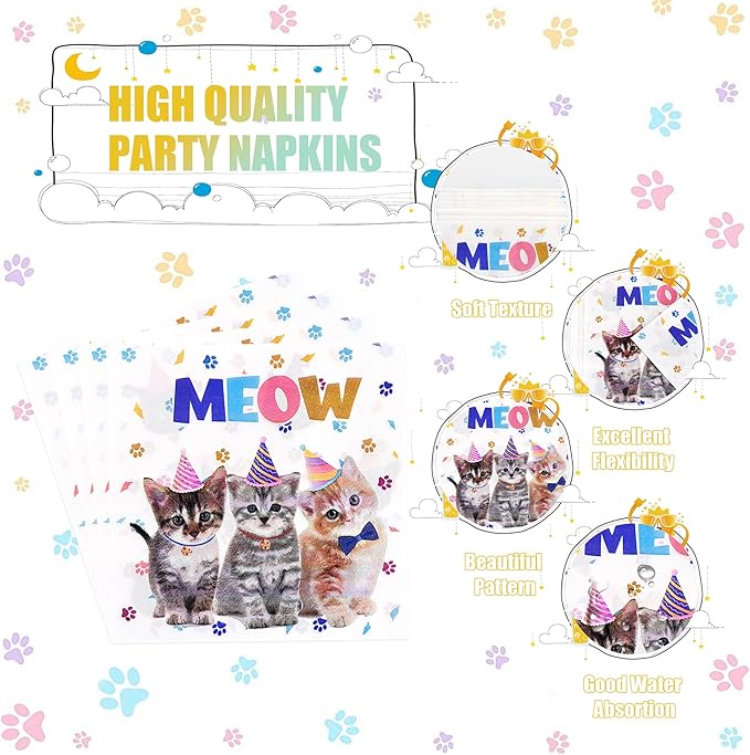 CANREVEL 96 PCS Cat Party Plates Serve 24, Cat Plates and Napkins Forks Set, Disposable Tableware for Birthday Supplies Party Decorations for Grils Women Boys Men