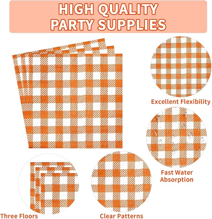 96Pcs Orange Gingham Party Supplies 350GSM Disposable Orange and White Buffalo Checked Paper Plates and Napkins Fall Tableware Set for Thanksgiving BBQ Picnic Baby Shower Birthday Party Decor Serves24