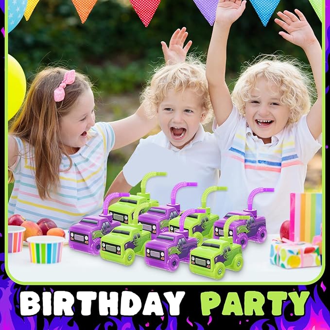 Tanlade 12 Set Green and Purple Monster Truck Road Cups with Straws, Plastic Vehicle off Road Drink Cup Reusable Truck Cups Bulk Race Car Birthday Party Favor Supplies for Racing Party Supplies
