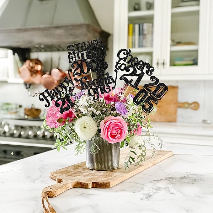 Gyufise 15Pcs Happy 21st Birthday Centerpiece Sticks Twenty One Straight Outta 2005 Table Flower Centerpieces Sticks for Cheers to 21st Birthday Party Supplies Black