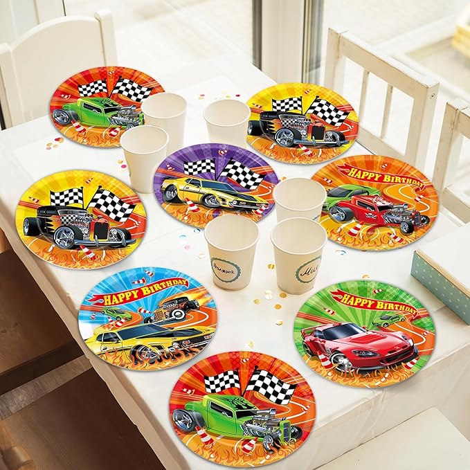 60Pcs Hot Car Birthday Party Supplies Colorful Racing Cars Plates Race Car Tableware Party Decorations for Kids Boys Baby Shower Hot Car Wild Racer Dinnerware Favors for 60 Guest