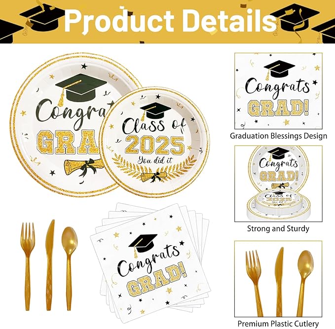 175 Pcs Graduation Tableware Set Party Supplies - Serves 25, Congrats Grad Class of 2025 Disposable Plates, Cups, Napkins, Forks, Spoons, Knives for High School, College Graduation, Prom Decorations