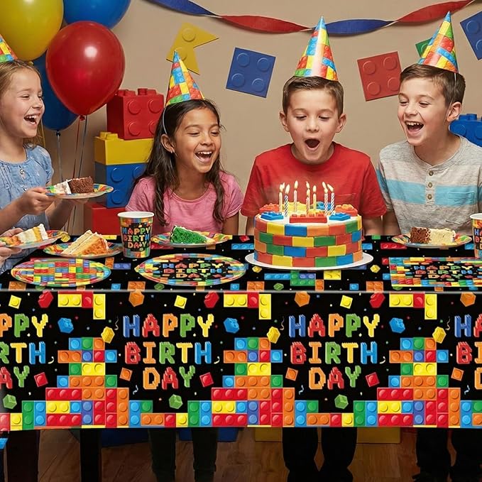 41 PCS Building Block Party Supplies,Colorful Paper Plates and Napkins with Building Block Disposable Plastic Table Cover for Happy Building Blocks Themed Birthday,Building Blocks Party ,Serves 20