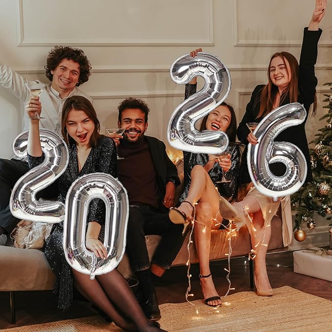 KALOR 16 Inch 2026 Silver Foil Number Balloons, 2026 New Years Decorations for 2026 Happy New Year Eve and Graduations Party Supplies