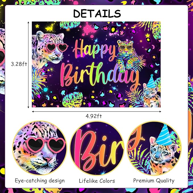 Cheereveal Rainbow Cheetah Birthday Decorations for Boys Girls - Leopard Print Happy Birthday Backdrop, Cheetah Wild Cake Cupcake Toppers, Jungle Safari Animal Theme Party Supplies