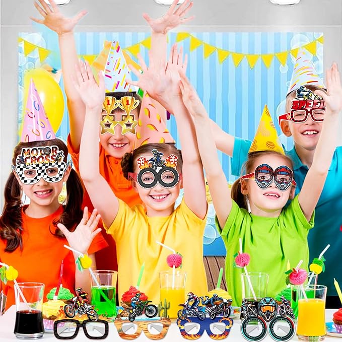 24 PCS Dirt Bike Party Paper Eyeglasses, Dirt Bike Party Favors Decorations Supplies, Motocross Birthday Party Decorations Gifts Photo Booth Props for Kids Boys Girls