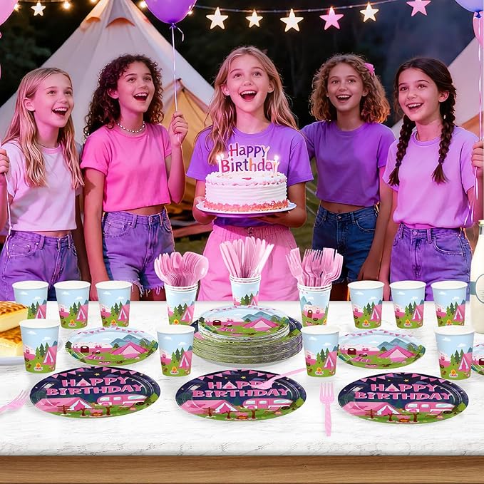 168Pcs Camping Birthday Party Decorations Hot Pink Camper Theme Plates Napkins Cups Forks Knives Spoons Campsite Campfire Tableware for Spring Summer Girls Camp Birthday Supplies Serves 24