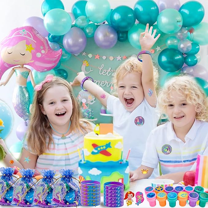 134Pcs Mermaid Party Favors Birthday Decorations for Girls, Party Supplies Include 12 Bracelet, 12 Necklace, 12 Hairpin, 12 Ring, 12 Stampers, 12 Button Pins, 12 Gift Bag, 50 Stickers