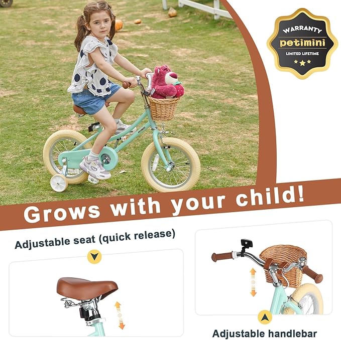 Petimini Vintage Kids Bike for Girls, 12–20 Inch Classic Bicycle with Wicker Basket & Bell, High Tensile Steel Frame, Training Wheels (12–18”), 85% Pre-Assembled, Retro Bike for Outdoor Riding