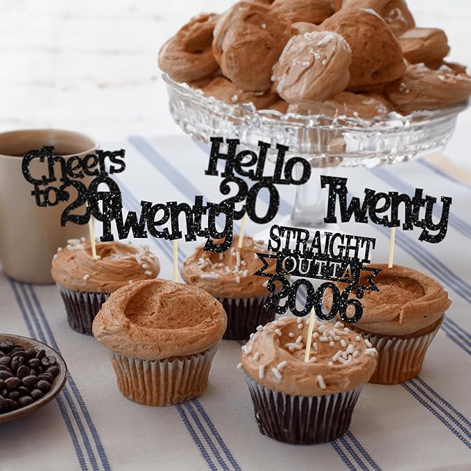 Ephlyn 24Pcs Happy 20th Birthday Cupcake Toppers Glitter Straight Outta 2006 Cupcake Picks Hello 20 Cheers to 20 Years Cake Decorations for 20th Birthday Anniversary Party Decorations Supplies Black