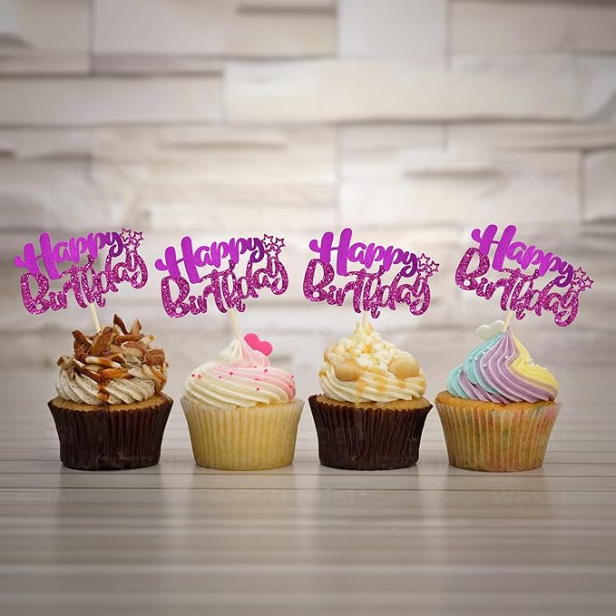 Ephlyn 24Pcs Happy Birthday Cupcake Toppers Double Layer Glitter Happy Birthday Cake Decorations for Celebrating Baby Shower Theme Kids Boys Girls Anniversary Party Decorations Supplies Purple