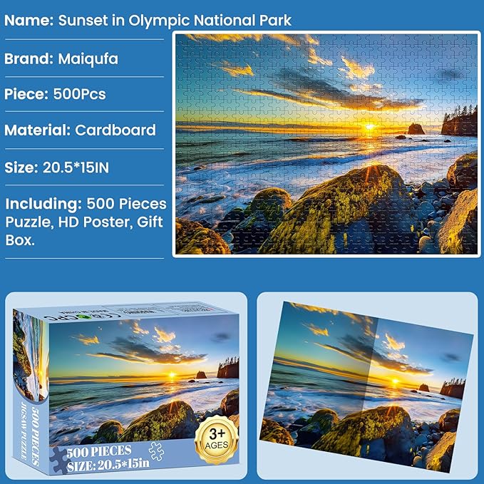 500 Pieces Puzzle for Adults - Olympic National Park Jigsaw Puzzle for Adults Teens,Recycled Cardboard Sunset Beach Puzzle 500 Pieces,Challenging Game for Family Fun & Gift Idea,20.5 x 15 in