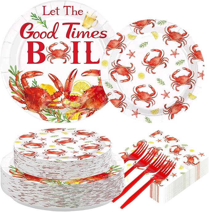 200Pcs Crab Party Decorations Crab Boil Plates and Napkins Red Crab Seafood Boil Disposable Tableware Sets for BBQ Picnic Cookout Gathering Carnival Birthday Party Supplies Serves 50