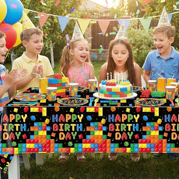 41 PCS Building Block Party Supplies,Colorful Paper Plates and Napkins with Building Block Disposable Plastic Table Cover for Happy Building Blocks Themed Birthday,Building Blocks Party ,Serves 20