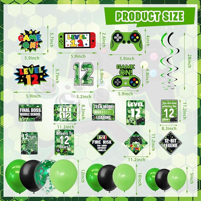 12th Birthday Decorations for Boys, 149Pcs Green Video Game level 12 Party Supplies for Boy 12th Birthday - Backdrop, Banner, Tablecloth, Centerpieces, Hanging Swirl, Hat, Wall Signs