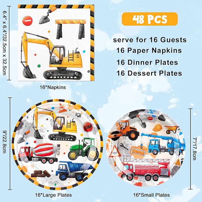 WERNNSAI Construction Birthday Supplies - 48PCS Construction Party Plates and Napkins Truck Theme Party Supplies Dump Truck Party Tableware Set for Boys Kids Baby Shower Birthday Serves 16 Guests