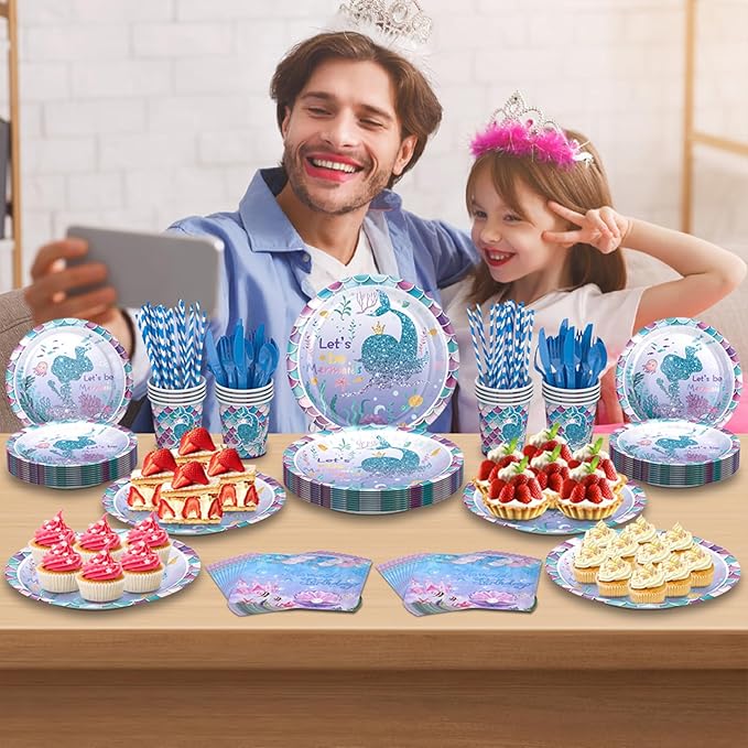 308Pcs Mermaid Birthday Party Decorations Set, Serves 24 Includes Plates, Napkin, Fork, Cup, Tablecloth, Banner, Backdrop, Tattoo, Mermaid Foil Balloons Arch for Party Supplies