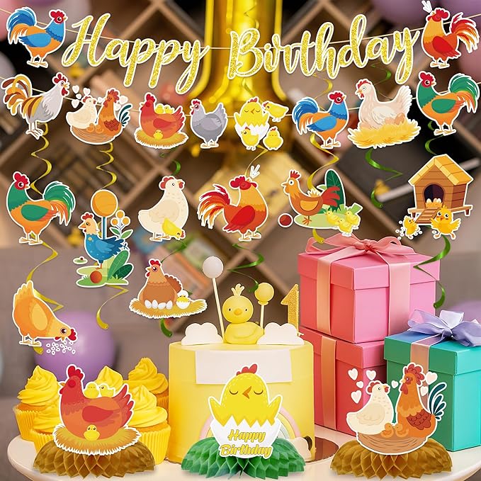 Chicken Birthday Party Decorations Include Chicken Happy Birthday Glitter Banners Hanging Swirls Honeycomb Centerpieces Chick Farm Animal Birthday Theme Party Supplies