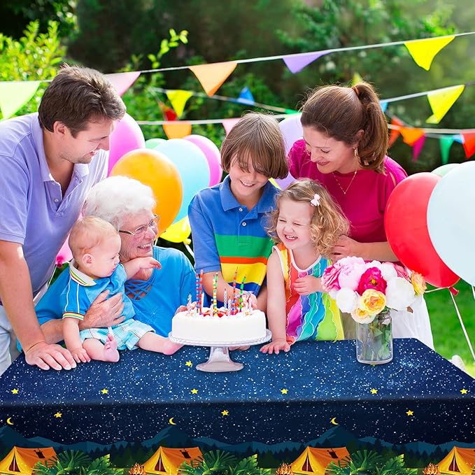 Chinco 3 Pieces Camping Tablecloth Party Decorations Campfire Plastic Rectangular Table Cover Camp Birthday Party Supplies Picnic Hiking Adventure Supplies