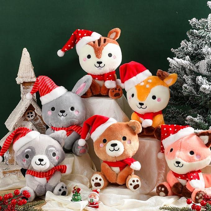 6 Pcs 7 Inch Large Woodland Animals Bulk with Red Hat & Scarf Bear Rabbit Squirrel Deer Raccoon Fox Plush Toys for Woodland Baby Showers Party Decor Birthday Gifts Classroom Awards