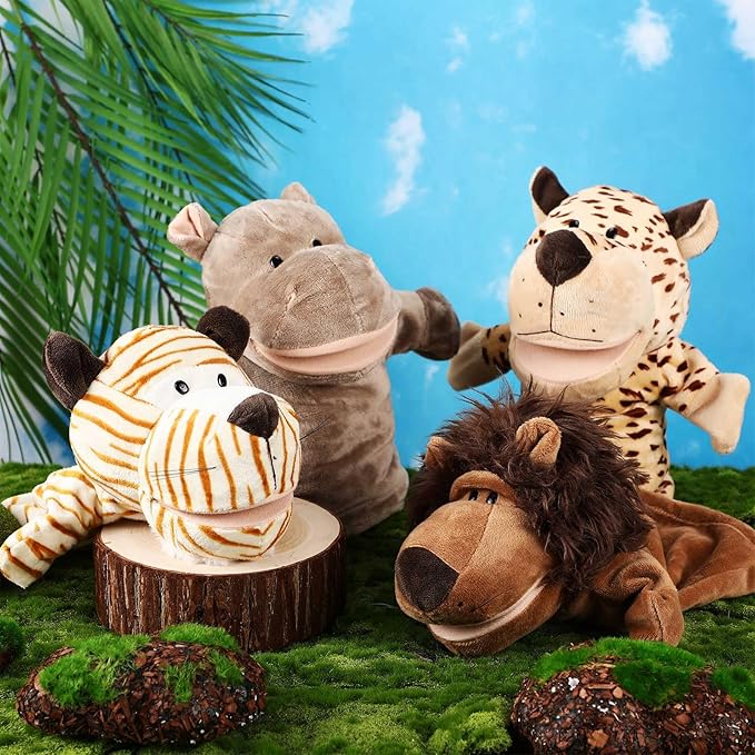 4 Pcs Hand Puppet Animal with Working Mouth 9.8 Inch Animal Puppet Soft Plush Toy for Storytelling Theater Preschool Birthday Gifts(Leopard, Hippo, Lion, Tiger)