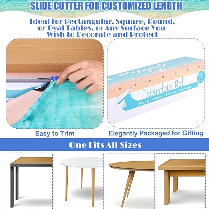 Kochorie Summer Beach Tablecloth Roll with Cutter Box 100 Ft X 54 Inch Beach Themed Party Tablecover Disposable Beach Ball Plastic Tablecloth Ocean Backdrop for Summer Beach Pool Birthday Party Supply