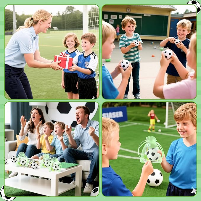 CY2SIDE 12 Pack Soccer Squeeze Toy Party Favor Gift Set with Ballpoint Pen Sticker and Organza Bag 2.5’’ Soccer Foam Stress Ball Classroom Prize for Kid Sport Lover Birthday Goodies Bag Stuffer