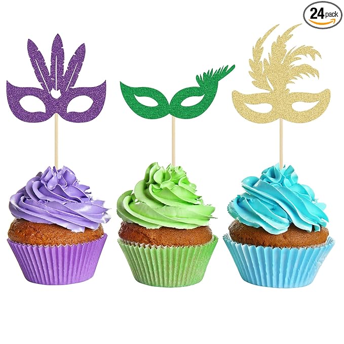 Gyufise 24 Pack Masquerade Masks Cupcake Toppers Multicolor Glitter Bachelorette Mask Cupcake Topper Mask Cake Picks Decorations for Masquerade Mardi Gras Party Baby Shower Birthday Party Supplies