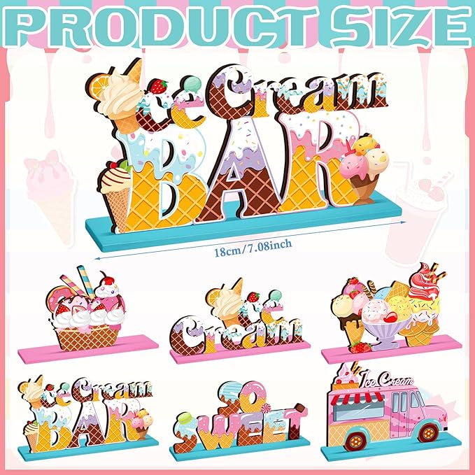 6 Pcs Ice Cream Table Wooden Decorations Ice Cream Sign Centerpiece Summer Home Decor Bar Party Decorations for Kids Birthday Party Summer Wedding Supplies