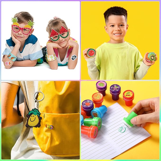 Blosssound 96 Pcs Fruit Party Favors Summer Theme Birthday Gifts Set Make a Fruit Sticker Stress Ball Slap Bracelet Glass Ring Keychain Stamper Gift Bag Piñata Fillers Classroom Prizes
