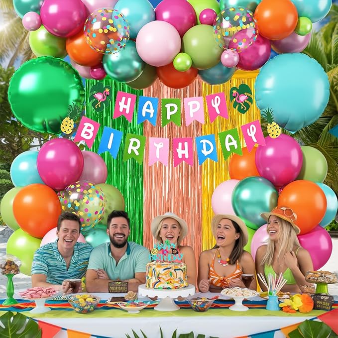 Hawaiian Tropical Birthday Party Decorations, Summer Luau Party Decoration Flamingo Birthday Banner Hot Pink Orange Teal Blue Green Metallic Balloons Cake Topper for Beach Baby Shower Aloha Supplies