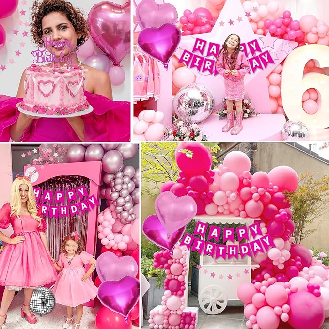 Pink Birthday Party Decorations for Women Girls with Happy Birthday Banner Paper Pompoms Fringe Backdrop Star garland Hot Pink Balloons Princess Décor