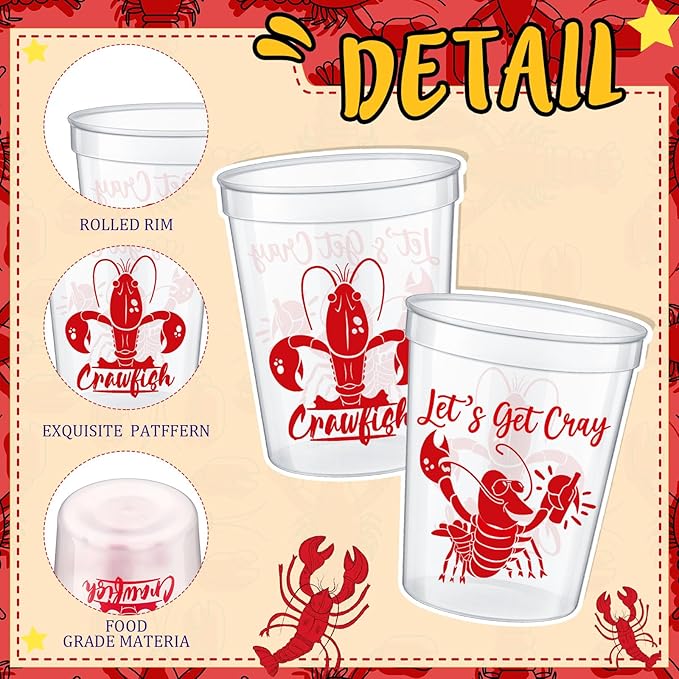 24 Pcs Plastic Crawfish Cups 16 oz Reusable Thick Crawfish Boil Party Supplies Clear Drinking Cups for Birthday Lobster Seafood Party Decorations Favors Gift