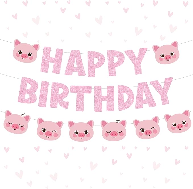 Pink Pig Happy Birthday Banner Pig Birthday Party Supplies for Girl Pig Garland Pig Theme Bday Decoration Piggy Party Supplies